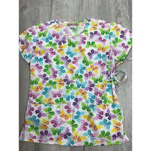 Womens Size XS Colorful Butterfly Print Scrub Top by Green Town